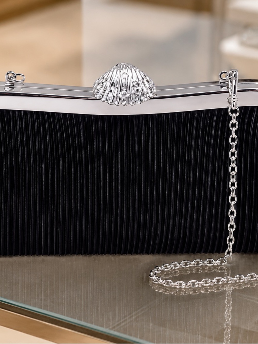 ✨ Vintage Bijoux Terner Black Satin Clutch – 13×22 cm, Long Chain